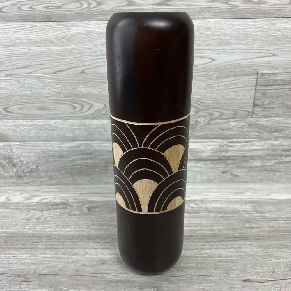 Cylinder Boho Rainbow Dark Brown Hand Carved Vase